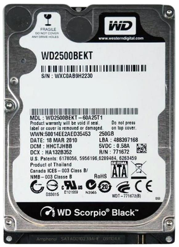 Накопичувач HDD 2.5" SATA 250Gb WD Scorpio Black, 16Mb, 7200 rpm (WD2500BEKT)