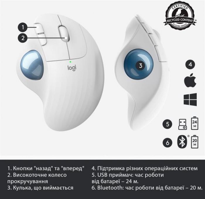 Мишка Bluetooth Logitech Ergo M575 White (910-005870)