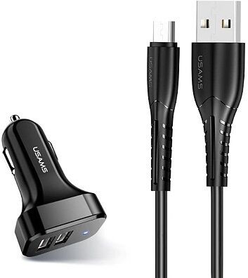 Автомобільний зарядний пристрій Usams U35 (2xUSB, 2.1A) Black (6958444985978) + кабель microUSB