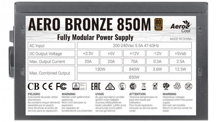 Блок живлення AeroCool Aero Bronze 850M Fully Modular (ACPB-AR85AEC.1M) 850W