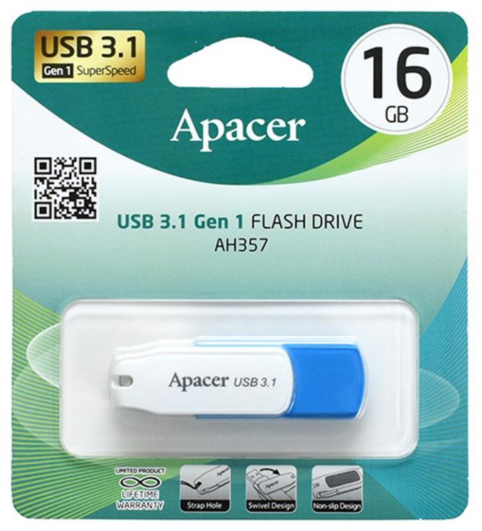 Флеш-накопичувач USB3.1 16GB Apacer AH357 Blue/White (AP16GAH357U-1)