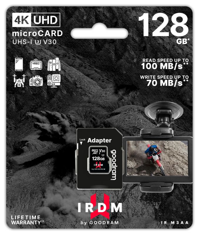 Карта пам`яті MicroSDXC 128GB UHS-I/U3 Class 10 GoodRam IRDM + SD-адаптер R100/W70MB/s (IR-M3AA-1280R12)