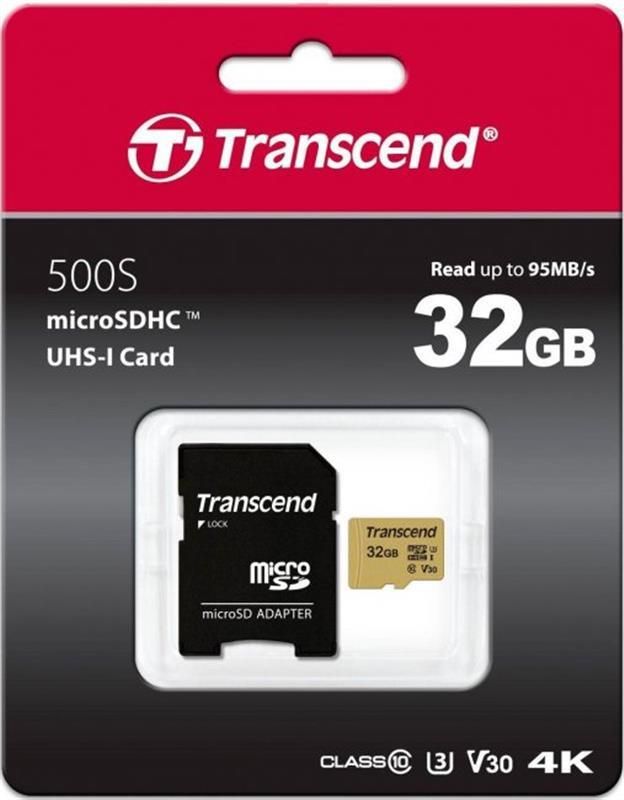 Карта пам`ятi MicroSDHC 32GB UHS-I/U3 Class 10 Transcend 500S + SD-adapter (TS32GUSD500S)