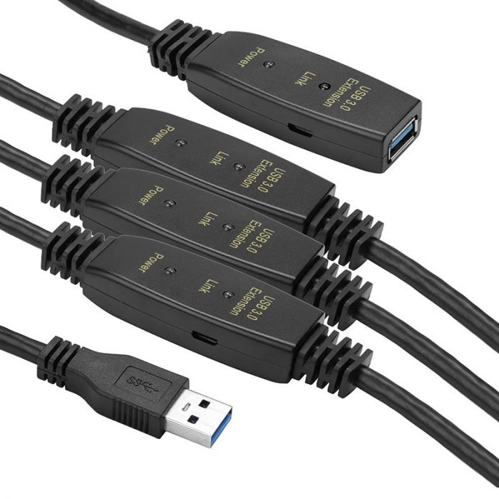 Активний подовжувач PowerPlant USB 3.0 AM-AF, 30 м (CA912872) чорний