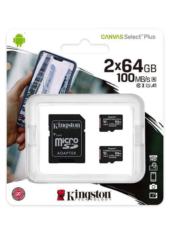 Карта пам`яті MicroSDXC 2x64GB UHS-I Class 10 Kingston Canvas Select Plus R100MB/s + SD-адаптер (SDCS2/64GB-2P1A)