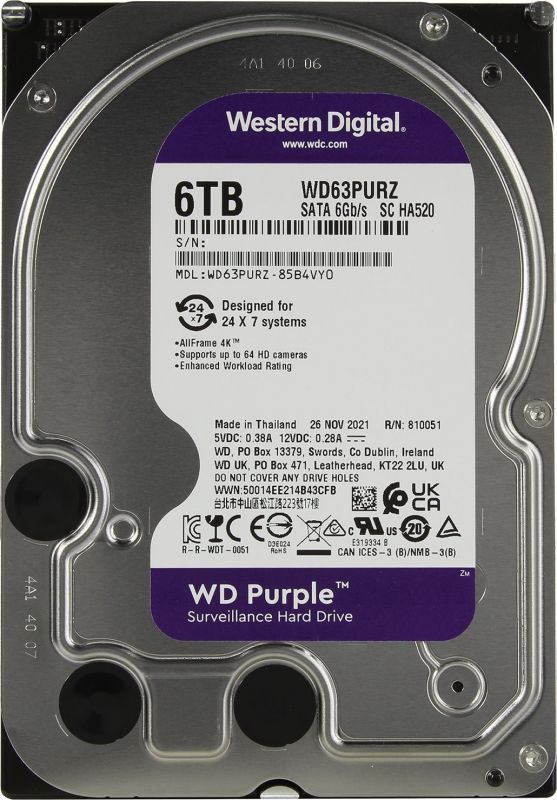 Накопитель HDD SATA 6.0TB WD Purple 56400rpm 256MB (WD63PURZ)