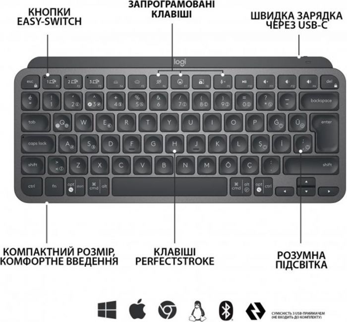 Клавіатура бездротова Logitech MX Keys Mini Wireless Illuminated Graphite (920-010498)