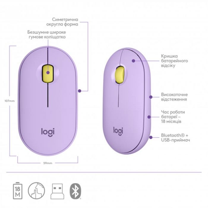 Мишка бездротова Logitech Pebble M350 (910-006752) Lavender Lemonade USB