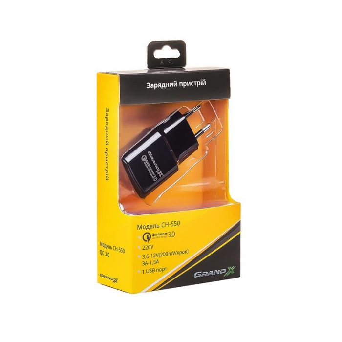 Мережевий зарядний пристрій Grand-X Quick Charge 3.0 (1xUSB 1.5-3A) Black (CH-550B)