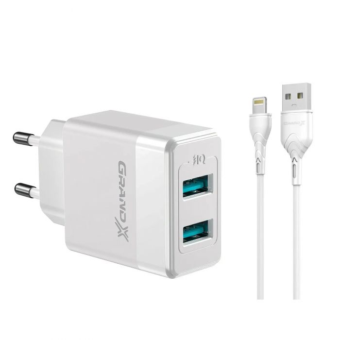 Мережевий зарядний пристрій Grand-X (2xUSB 2.4А) White (CH-50WL) + cable USB-Lightning
