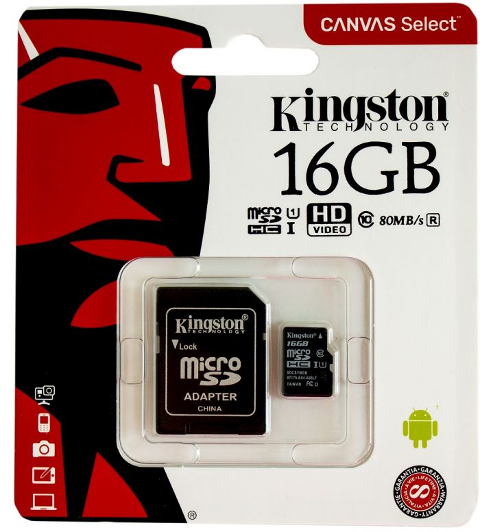 Карта пам`ятi MicroSDHC 16GB UHS-I Class 10 Kingston Canvas Select + SD-адаптер (SDCS/16GB)