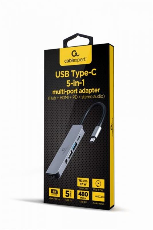 Док-станція Cablexpert USB-C 5-в-1 (A-CM-COMBO5-02) USB/HDMI/PD/Аудіо 3,5