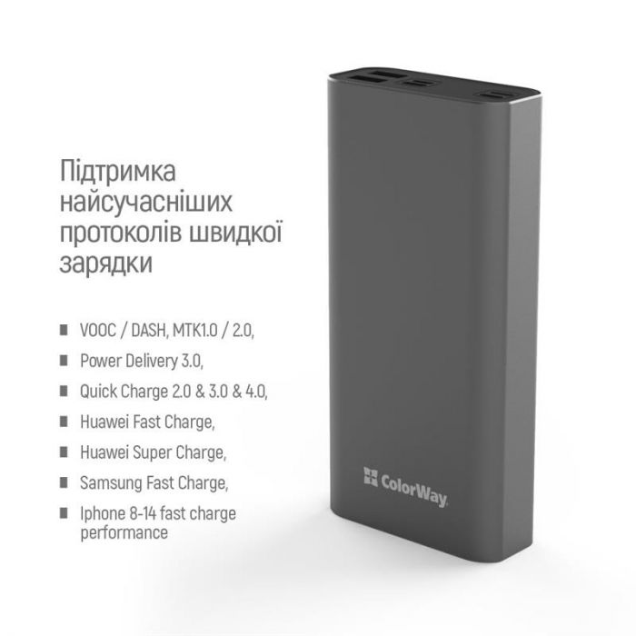 Універсальна мобільна батарея ColorWay 20000mAh Gray (CW-PB200LPH3GR-PDD)