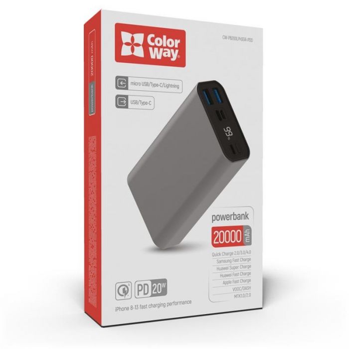 Універсальна мобільна батарея ColorWay 20000mAh Gray (CW-PB200LPH3GR-PDD)