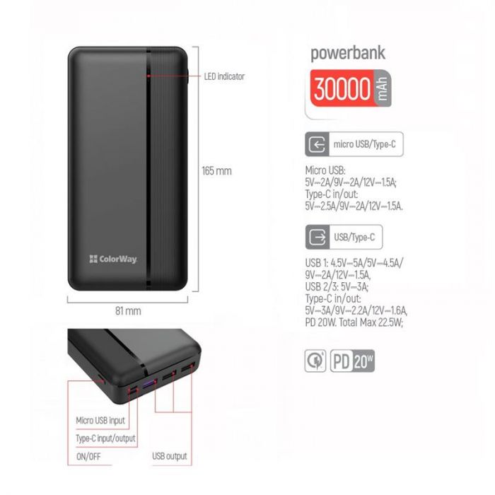 Універсальна мобільна батарея ColorWay 30000mAh Black (CW-PB300LPA3BK-PD)