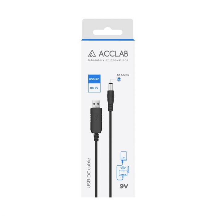 Кабель живлення ACCLAB USB to DC, 5,5х2,1 мм, 9V, 1A, 1 м Black (1283126552830)