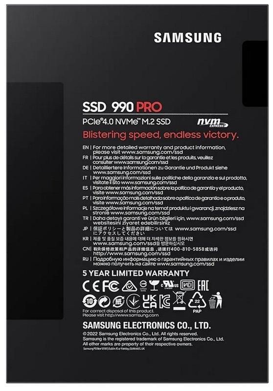 Накопичувач SSD 1ТB Samsung 990 PRO M.2 2280 PCIe 4.0 x4 NVMe V-NAND MLC (MZ-V9P1T0BW)