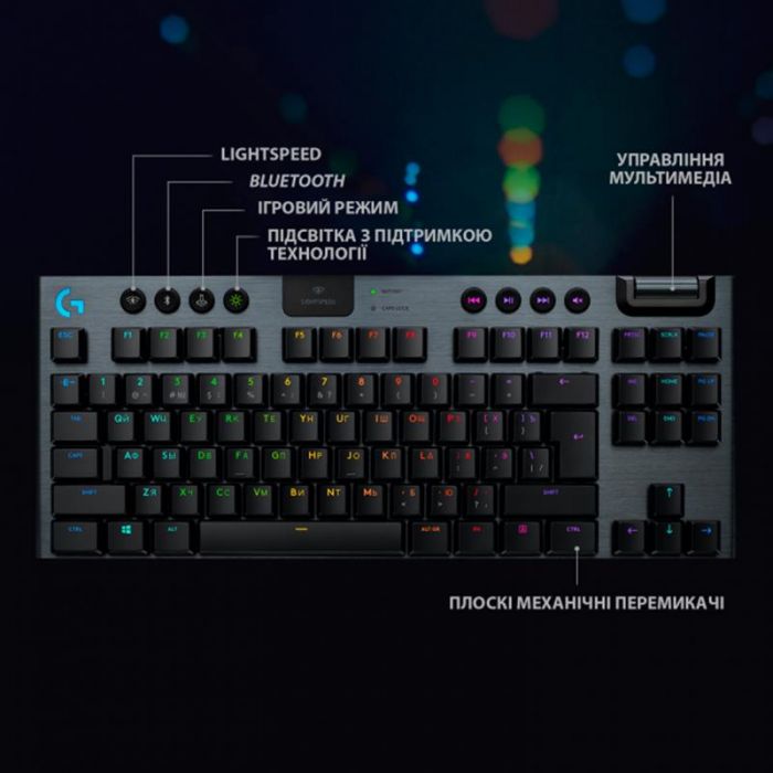 Клавiатура бездротова Logitech G915 TKL Lightspeed Wireless RGB Mechanical Carbon Clicky Switch (920-009537)