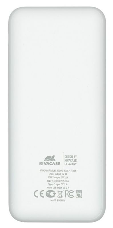 Універсальна мобільна батарея Rivacase VA2081 20000 mAh White (PB931071)