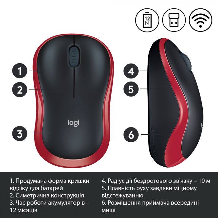 Мишка бездротова Logitech M185 Red (910-002240)