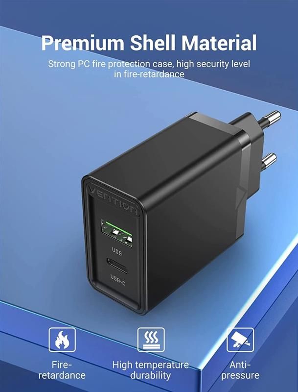 Мережевий зарядний пристрій Vention USB Type C + QC4.0 (18-20W) Black (FBBB0-EU)
