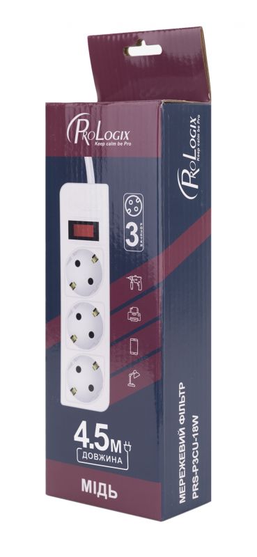 Фільтр живлення ProLogix (PRS-P3CU-45W) 3.5 кВт, 3 розетки, 4.5 м, мідь, білий