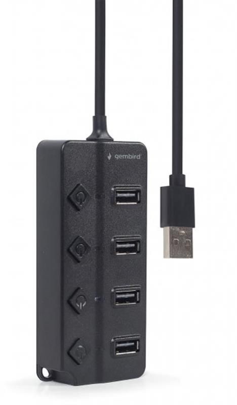 Концентратор USB 2.0 Gembird 4хUSB2.0, з вимикачами, пластик, Black (UHB-U2P4P-01)