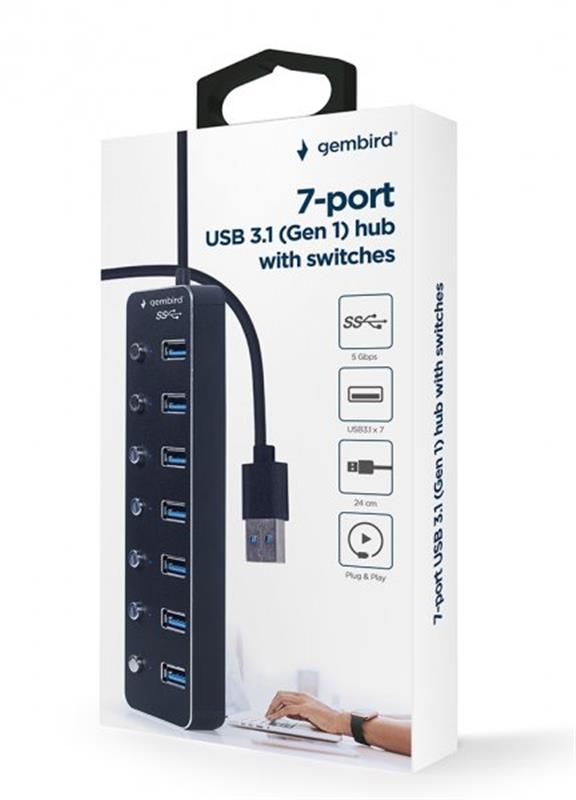 Концентратор USB 3.0 Gembird 7хUSB3.0, з вимикачами, пластик/метал, Black (UHB-U3P7P-01)