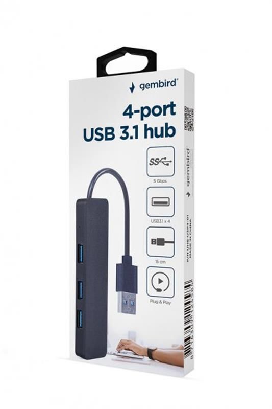 Концентратор USB 3.0 Gembird 4хUSB3.0, пластик, Black (UHB-U3P4-04)