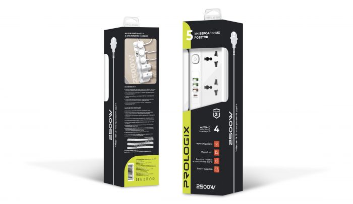 Фільтр живлення ProLogix Premium (PR-SC5415W) 5 розеток, 4 USB (1 PD +1 QC3.0 +2 AUTO ID), 2 м, білий