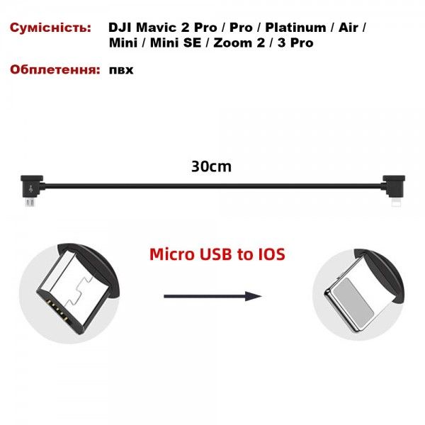 Кабель Goojodoq MicroUSB-Lightning PVC для пульта DJI Mavic 2 Pro/Pro / Platinum / Air / Mini/Mini SE / Zoom 0.3m Black (32866812366P30ML)