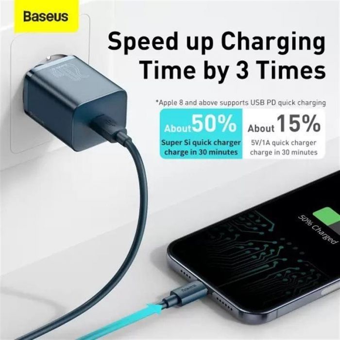 Мережевий зарядний пристрій Baseus Super Si Quick Charger 1C (1USB-C) 20W Blue (TZCCSUP-B03) + кабель Lightning