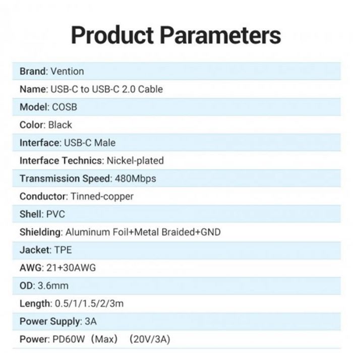 Кабель Vention USB Type-C - USB Type-C TPE Round PD 60W, 3A, 0.5 м, Black (COSBD)