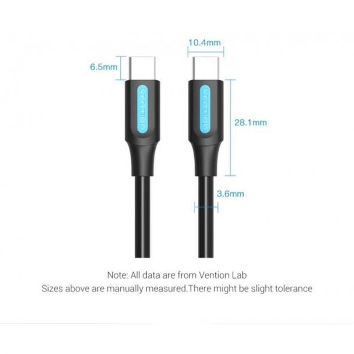 Кабель Vention USB Type-C - USB Type-C TPE Round PD 60W, 3A, 1m, Black (COSBF)
