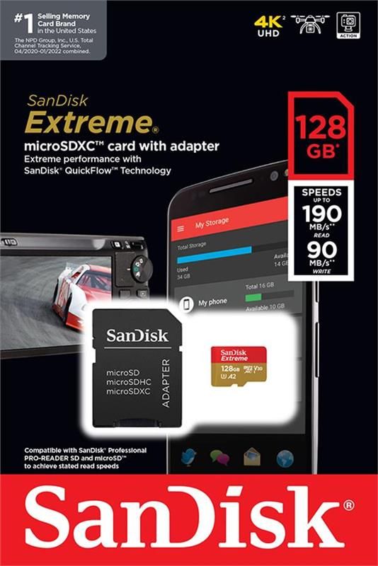 Карта пам`ятi MicroSDXC 128GB C10 UHS-I SanDisk Extreme V30 U3 R190/W90MB/s + SD (SDSQXAA-128G-GN6MA)