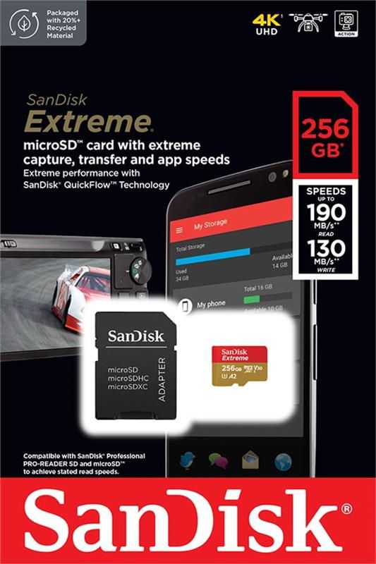 Карта пам`ятi MicroSDXC 256GB C10 UHS-I SanDisk Extreme V30 U3 R190/W130MB/s + SD (SDSQXAV-256G-GN6MA)