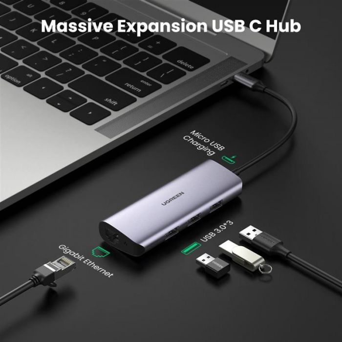 Концентратор USB Type-C Ugreen 3xUSB 3.0 + RJ45 1000M Ethernet, Gray (60718)