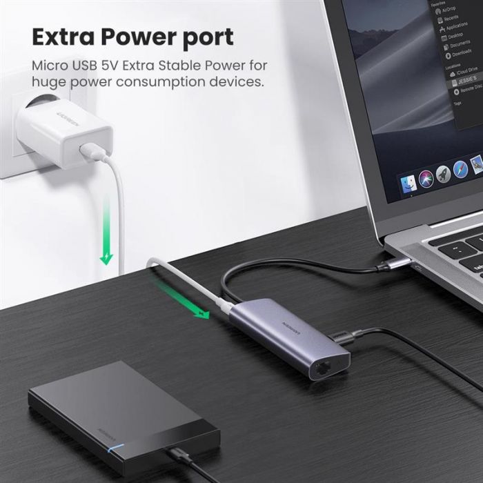 Концентратор USB Type-C Ugreen 3xUSB 3.0 + RJ45 1000M Ethernet, Gray (60718)