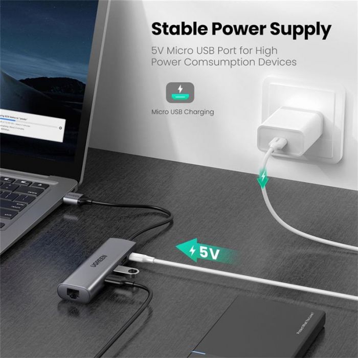 Концентратор USB Type-C Ugreen CM266 3xUSB 3.0 + HDMI + RJ45 1000M Ethernet, Gray (60812)