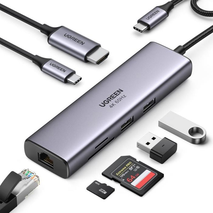 Концентратор USB Type-C Ugreen CM512 2xUSB 3.0 + HDMI + RJ45 1000M Ethernet + Cardreader, Gray (60515)