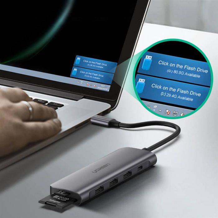 Концентратор USB Type-C Ugreen CM195 2xUSB 3.0 + HDMI + Cardreader, Gray (70411)