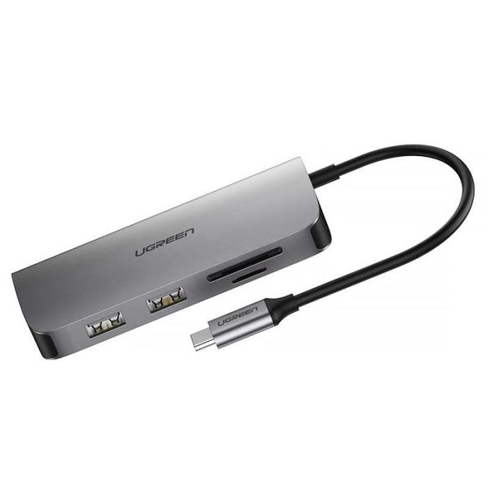 Концентратор USB Type-C Ugreen CM212 2xUSB 3.0 + HDMI + RJ45 1000M Ethernet + Cardreader, Gray (50852)