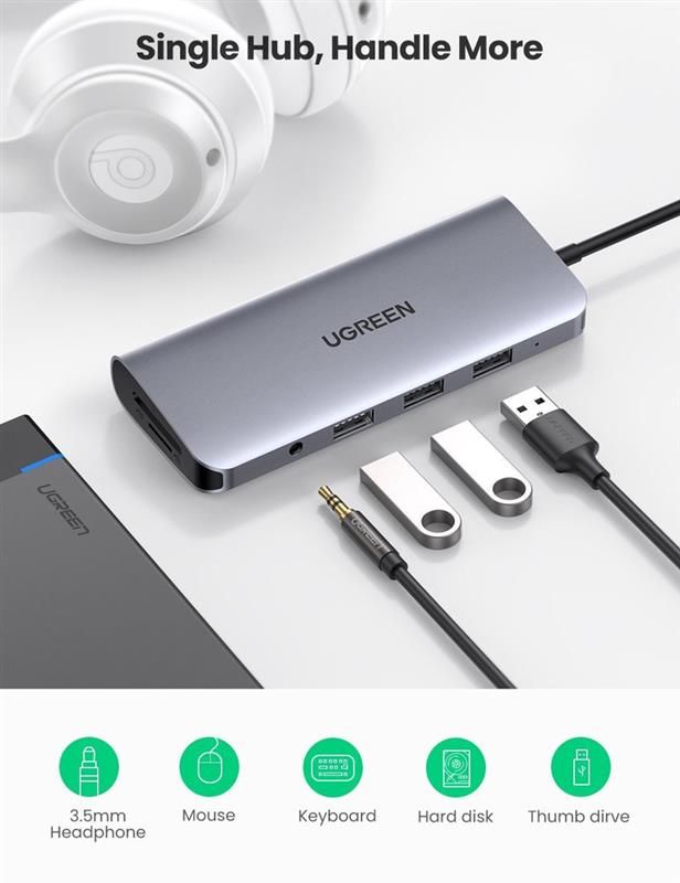 Концентратор USB Type-C Ugreen CM179 3xUSB 3.0 + HDMI + VGA + RJ45 1000M Ethernet + Cardreader + 3.5 мм, Gray (80133)