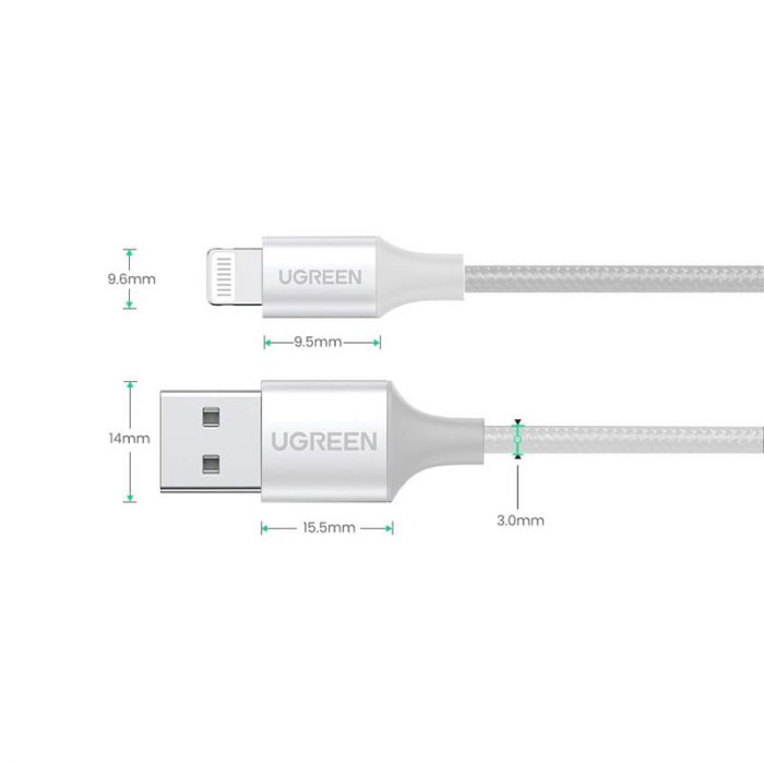 Кабель Ugreen US199 USB - Lightning (M/M), 2 м, Silver (60163)