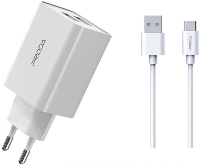 Мережевий зарядний пристрій Proda PD-A28c (2USB 2.4A) White (PD-A28c-WH) + кабель USB Type-C