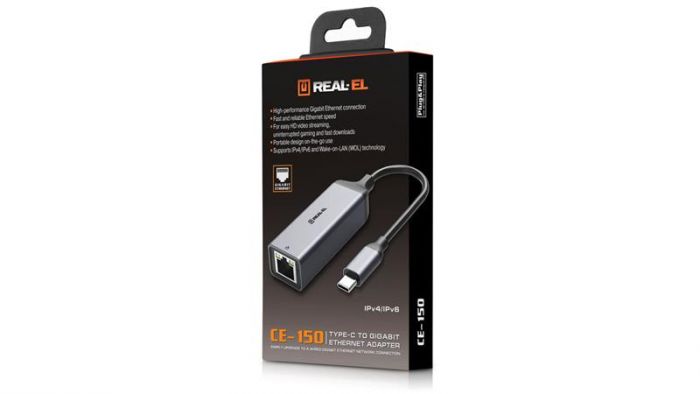 Адаптер REAL-EL CE-150 USB Type-C - RJ45 (M/F), 0.1 м, Black (EL123110004)