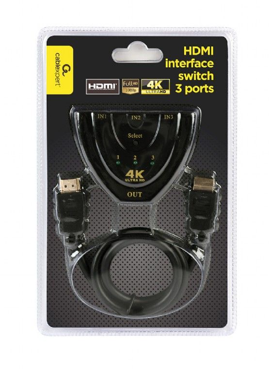 Перемикач HDMI-інтерфейсу Cablexpert HDMI - 3хHDMI v.1.4, M/F, 0.5 м, чорний (DSW-HDMI-35) блістер