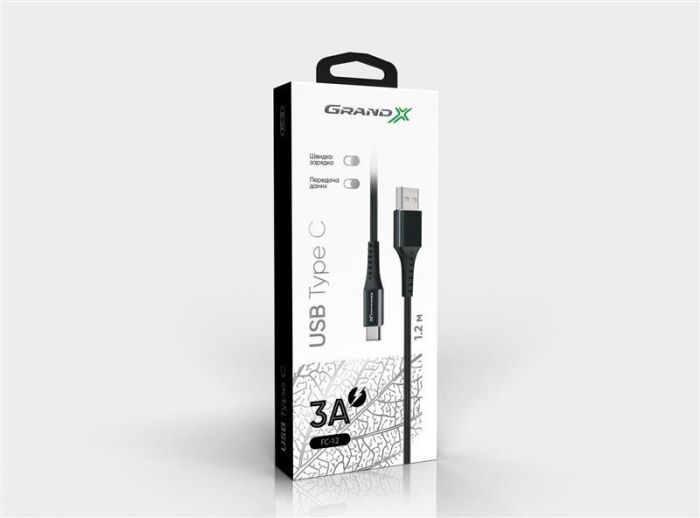 Кабель Grand-X USB-USB Type-C, 3A, 1.2м, Fast Сharge, Black (FC-12B)