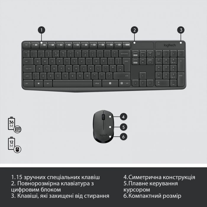 Комплект (клавіатура, мишка) бездротовий Logitech MK235 Grey USB (920-007931)