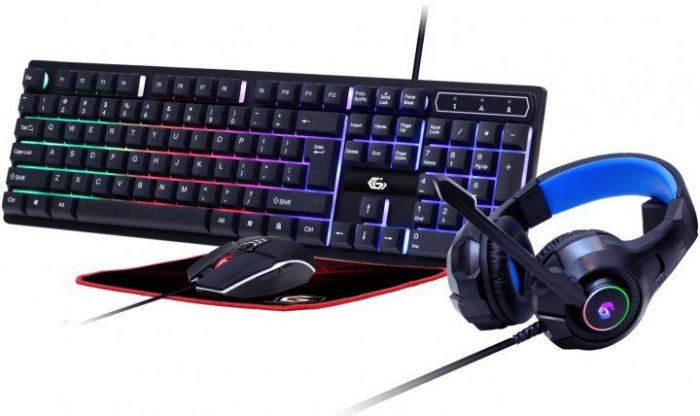Клавіатура+мишка+навушники+килимок Gembird GGS-UMGL4-02-UA, 4-в-1 з RGB підсвічуванням, чорний колір